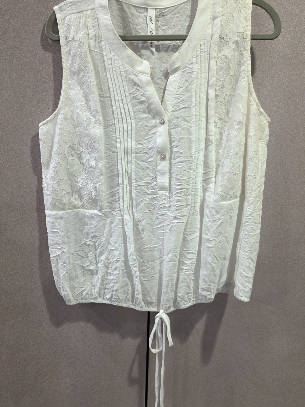 NY COLLECTION White Lace-Panel Pintuck Drawstring Camisole